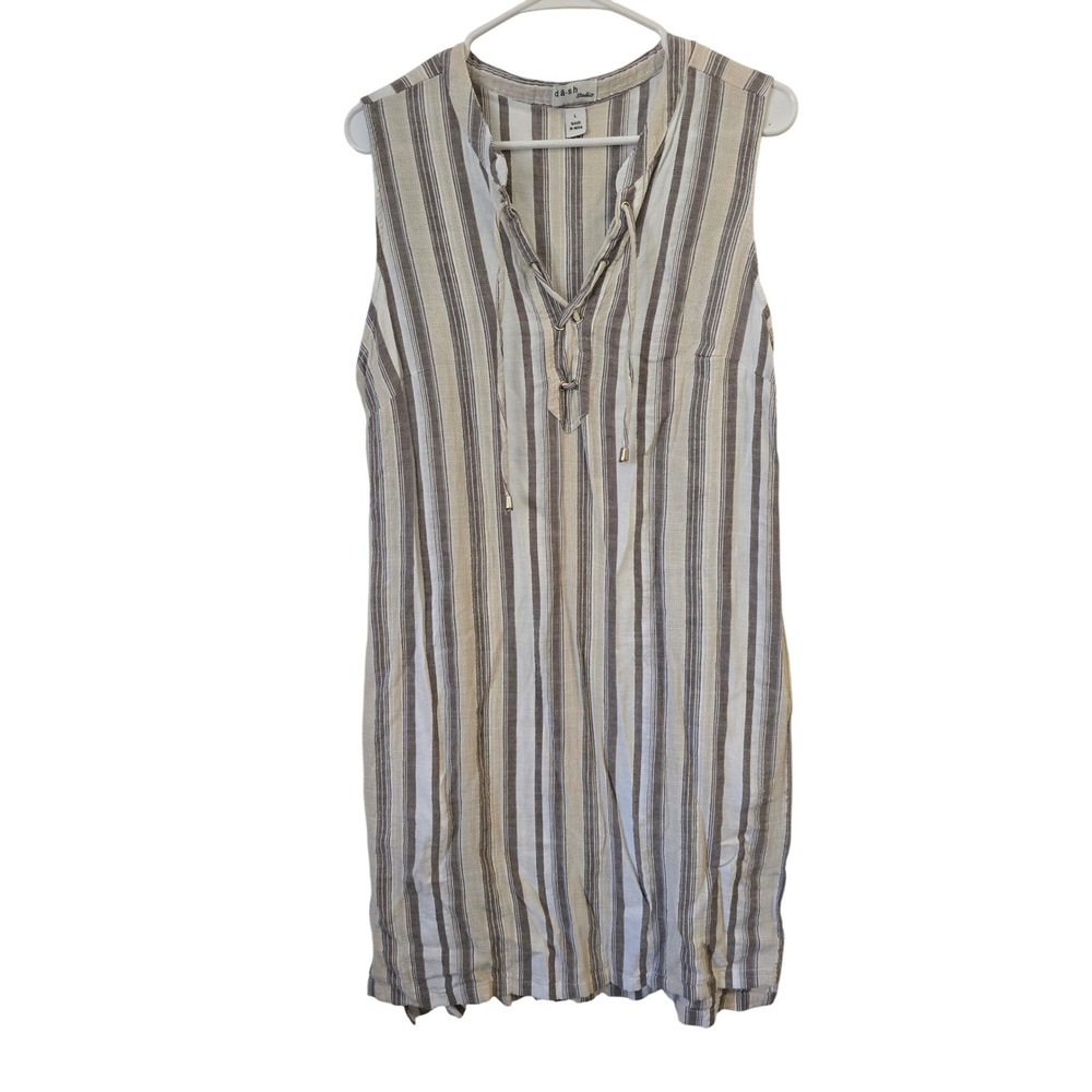 Da-sh Studio Women Tan/Grey Striped Sleeveless Lace Up Linen Blend Dress Large
